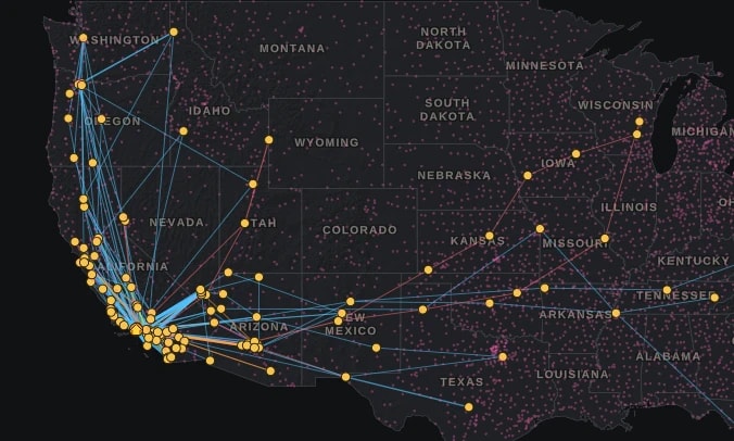 The map with visited airports picked out in gold and the legs between them drawn, coloured by aircraft