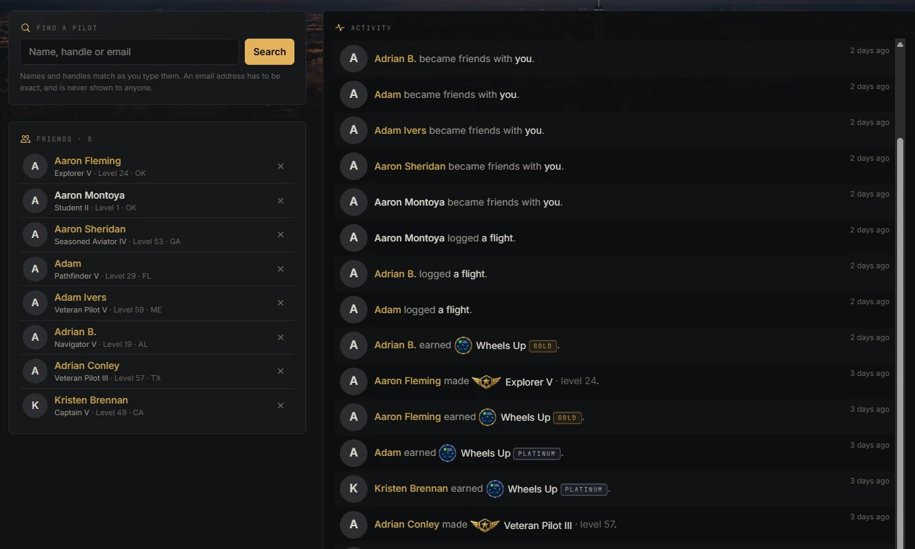 The friends page: a pilot search and a list of friends beside the activity feed of what they have flown and earned