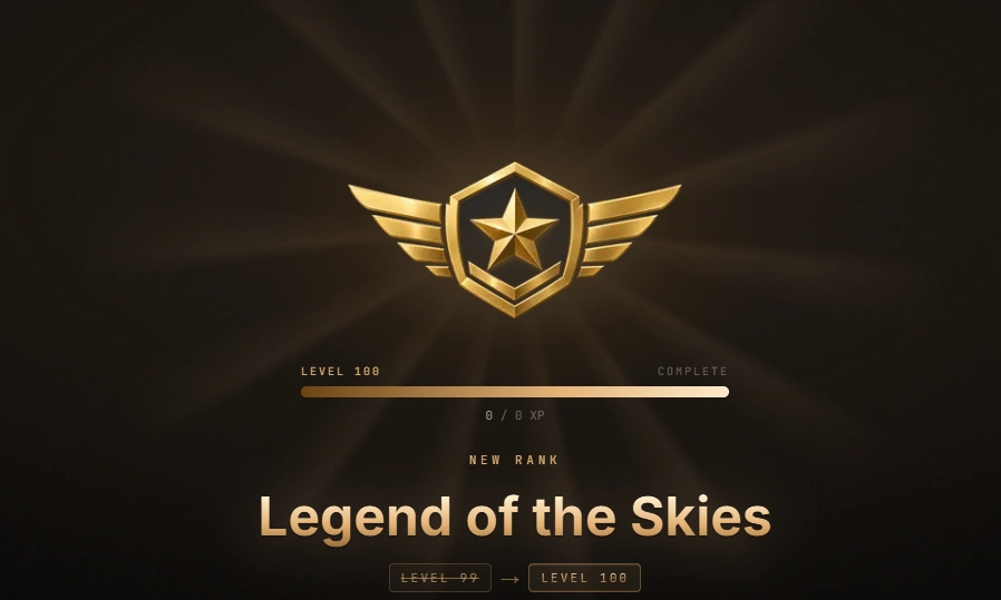 The level-up screen for the final rank: a winged shield over rays, the XP bar complete, and Legend of the Skies beneath it